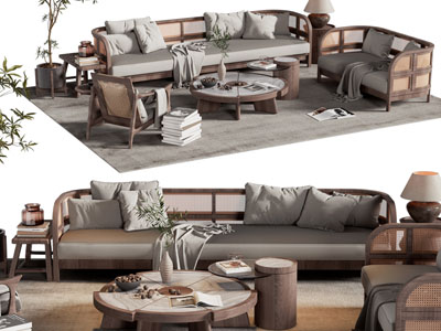 侘寂风多人、单人沙发、休闲椅子和茶几组合