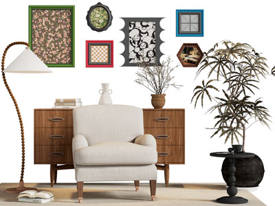 北欧玄关柜 挂画 休闲椅子 落地灯