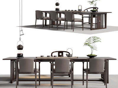 新中式实木长方形茶桌椅组合3d模型 新中式实木长方形茶桌椅组合