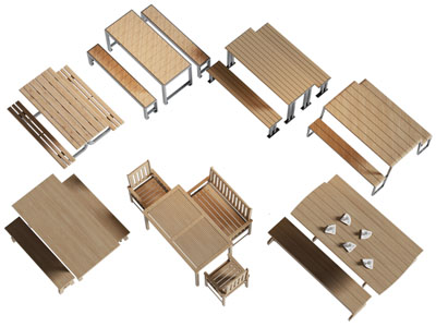 现代实木长凳餐桌组合3d模型 现代实木长凳餐桌组合