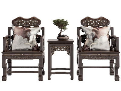 新中式实木雕花扶手椅子 休闲椅子 边几