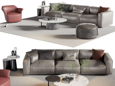 现代多人沙发 单人沙发和茶几组合