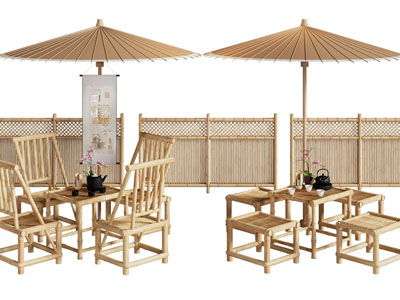新中式竹制茶桌椅组合 遮阳伞 围栏3d模型 新中式竹制茶桌椅组合 遮阳伞 围栏