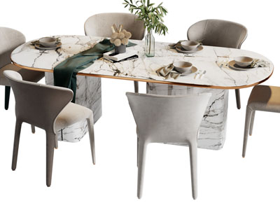 现代轻奢椭圆形大理石餐桌椅组合3d模型 现代轻奢椭圆形大理石餐桌椅组合