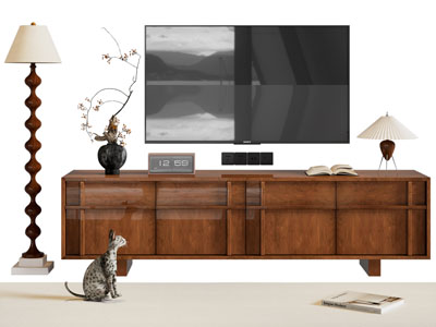 侘寂风实木电视柜 电视机 落地灯