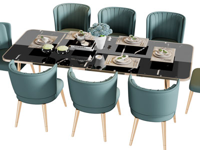 现代轻奢长方形餐桌椅组合3d模型 现代轻奢长方形餐桌椅组合