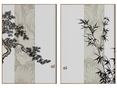 新中式松树 竹子装饰挂画3d模型 新中式松树 竹子装饰挂画
