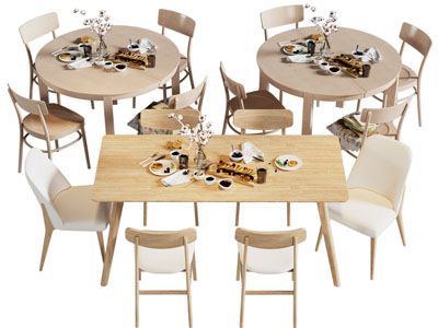 现代实木长方形 圆形餐桌椅组合3d模型 现代实木长方形 圆形餐桌椅组合