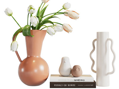 现代陶瓷花瓶花卉 书籍摆件组合