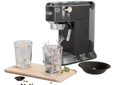 现代咖啡机 玻璃杯子 装有冰块的水杯