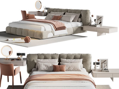 现代布艺双人床 床头柜 梳妆台
