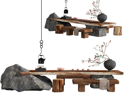 侘寂风原木茶桌椅组合3d模型 侘寂风原木茶桌椅组合