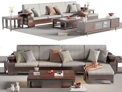新中式实木多人沙发 角几茶几组合
