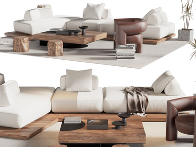 侘寂风布艺转角多人沙发 休闲椅子和茶几组合