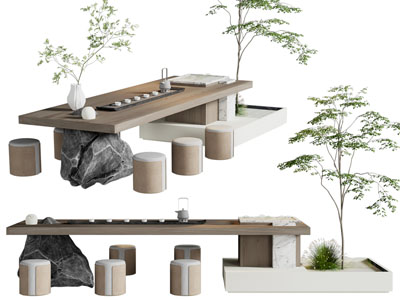 新中式花坛景观 茶桌椅组合3d模型 新中式花坛景观 茶桌椅组合