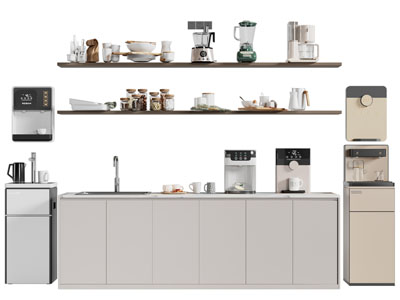 现代茶水间吧台 饮水机 咖啡机3d模型 现代茶水间吧台 饮水机 咖啡机