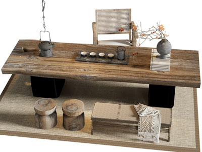 侘寂风实木长方形茶桌椅组合3d模型 侘寂风实木长方形茶桌椅组合