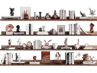 现代实木隔板上书籍 陶艺器皿摆件组合