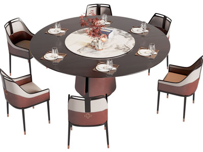 新中式圆形餐桌椅组合3d模型 新中式圆形餐桌椅组合