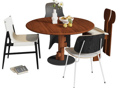现代圆形实木餐桌椅组合3d模型 现代圆形实木餐桌椅组合