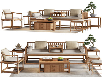 新中式实木罗汉床 休闲椅子 坐凳和茶几组合