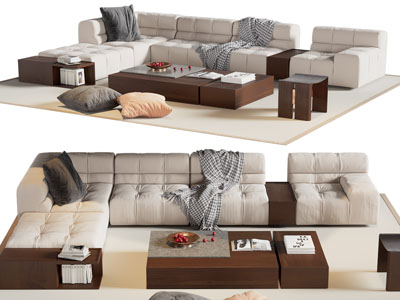 现代布艺转角多人沙发 茶几组合