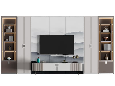 新中式电视背景墙3d模型 新中式电视背景墙