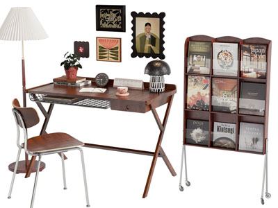 现代中古风书桌 边柜 书柜3d模型 现代中古风书桌 边柜 书柜