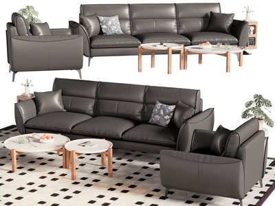 现代皮质多人 单人沙发和茶几组合