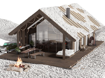 现代雪山上的木屋 阳光房