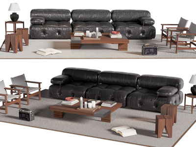 现代中古风多人沙发 休闲椅子和茶几组合
