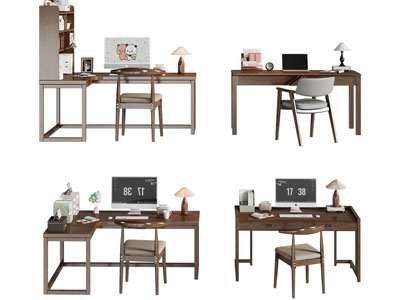 新中式实木书桌椅组合3d模型 新中式实木书桌椅组合