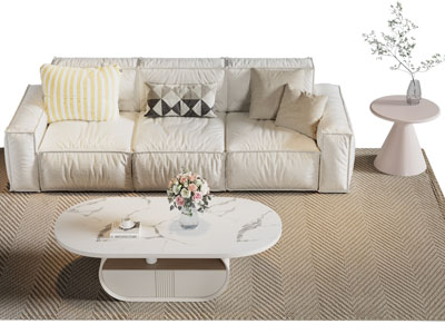 现代奶油风多人沙发 边几茶几组合