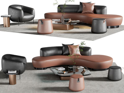 现代皮质多人 单人沙发和茶几组合