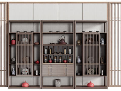 新中式茶壶 茶饼 茶杯实木博古架 装饰柜