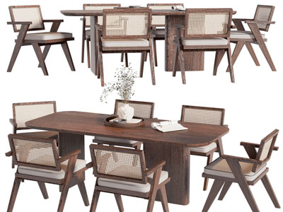 侘寂风实木餐桌椅组合3d模型 侘寂风实木餐桌椅组合