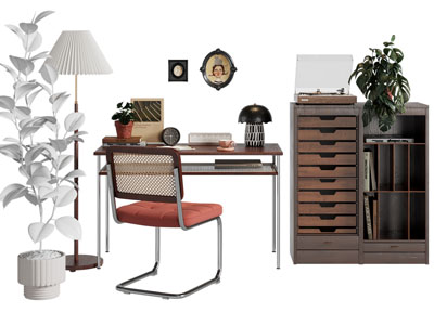 现代中古风书桌椅组合 边柜 书柜3d模型 现代中古风书桌椅组合 边柜 书柜