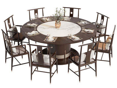 新中式实木圆形餐桌椅组合3d模型 新中式实木圆形餐桌椅组合