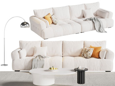 现代奶油风布艺多人沙发 茶几组合