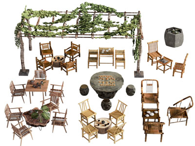 新中式竹编餐桌椅组合 廊架3d模型 新中式竹编餐桌椅组合 廊架