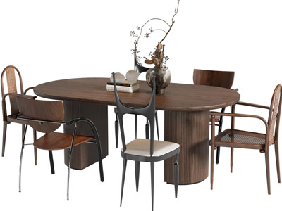 侘寂风实木椭圆形餐桌椅组合3d模型 侘寂风实木椭圆形餐桌椅组合