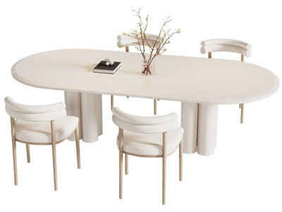 侘寂风奶油风椭圆形餐桌椅组合3d模型 侘寂风奶油风椭圆形餐桌椅组合