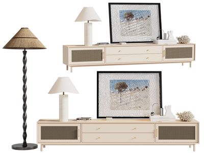 侘寂风实木电视柜 装饰画 落地灯摆件组合