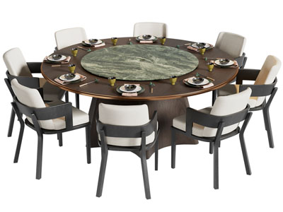 新中式圆形餐桌椅组合3d模型 新中式圆形餐桌椅组合