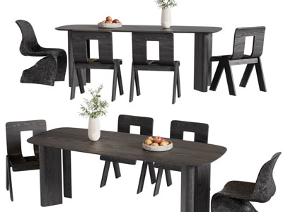侘寂风实木餐桌椅组合3d模型 侘寂风实木餐桌椅组合