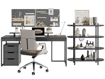 现代书桌椅组合 置物装饰架3d模型 现代书桌椅组合 置物装饰架