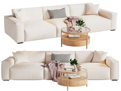 现代奶油风多人沙发 茶几组合