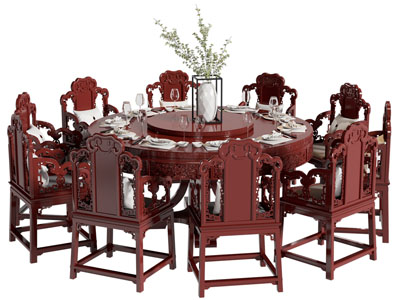 中式雕花红木餐桌椅组合3d模型 中式雕花红木餐桌椅组合