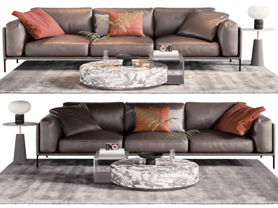 现代多人沙发 边几和茶几组合