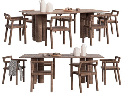 侘寂风长方形餐桌椅组合3d模型 侘寂风长方形餐桌椅组合